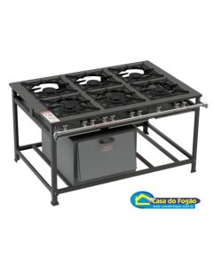 Fogão Industrial Tradicional 6B (3Duplas/3Simples) B.P 40x40 com Forno 113L Tampa Inox (Cód: 6103/9011-EP) Itajobi Fogões