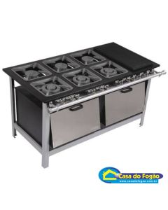 Fogão Industrial Tradicional 6B (3Simples/3Duplas) B.P 30x30 com Chapa e 2 Fornos 76L Tampa Inox (Cód: 7006/9009-EP) Itajobi Fogões #