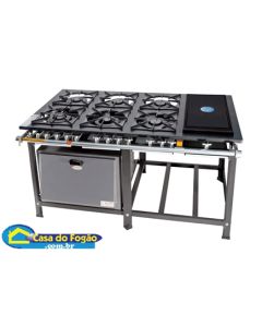 Fogão Industrial Tradicional Inox 6B (3Duplas/3Simples) B.P 30x30 com Chapa e Forno Tampa Inox 90L (Cód: 7006-I/9010-I) Itajobi Fogões#