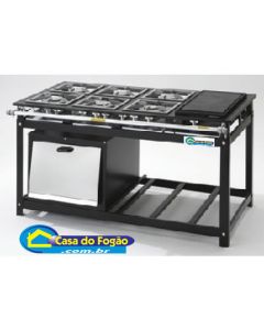Fogão Industrial Tradicional Inox 6B Duplas (170mm) B.P 40x40 com Chapa e Forno Inox 76L Tampa Inox (Cód: 16002-I/9013-I) Itajobi Fogões#