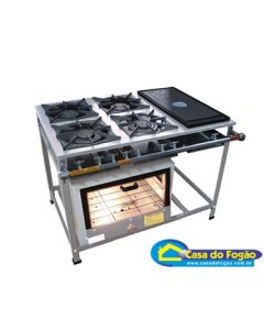 Fogão Industrial Tradicional Inox 4B (2Simples/2Duplas) B.P 30x30 com Chapa e Forno Todo Inox (Cód: 5009-I/9013-II) Itajobi Fogões