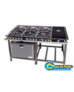 Fogão Industrial Tradicional Inox 6B (3Duplas/3Simples) B.P 40x40 com Chapa e Forno 76L Todo Inox (Cód: 6103-I/9013-II) Itajobi Fogões