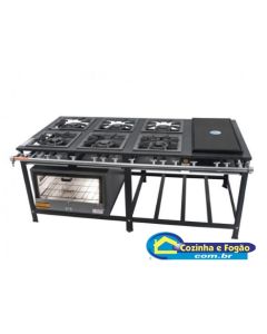 Fogão Industrial Tradicional de Ilha Inox 6B Duplas (170mm) B.P 30x30 com Chapa e Forno Todo Inox 76L TV (Cód: 7007-I/9013-II) Itajobi Fogões #